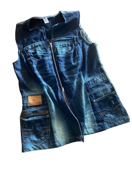 The upcycle tunic vest is made for versatility with a two way zipper.
