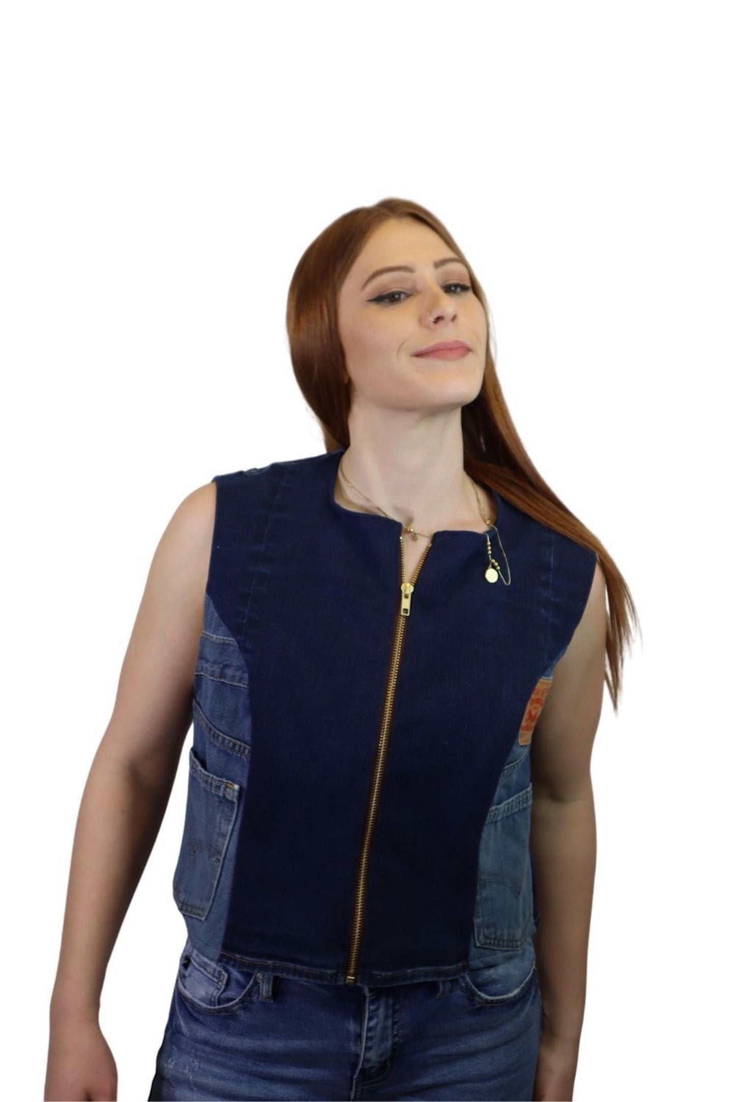 The upcycled Yes vest is upcycled from pants, with a center front zipper and side pockets, always tailored for a flattering fit.